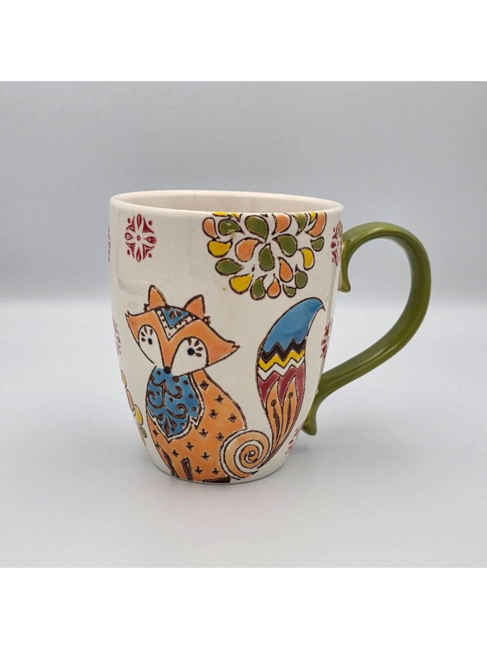 Fox-Themed Ceramic Mug Green Handle Colorful Designs 16oz - Picture 1 of 7